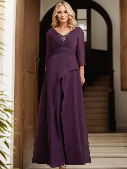 A-Linien-Kleid aus Chiffon mit V-Ausschnitt und bodenlangem Schnitt für die Brautmutter mit plissierten Perlen