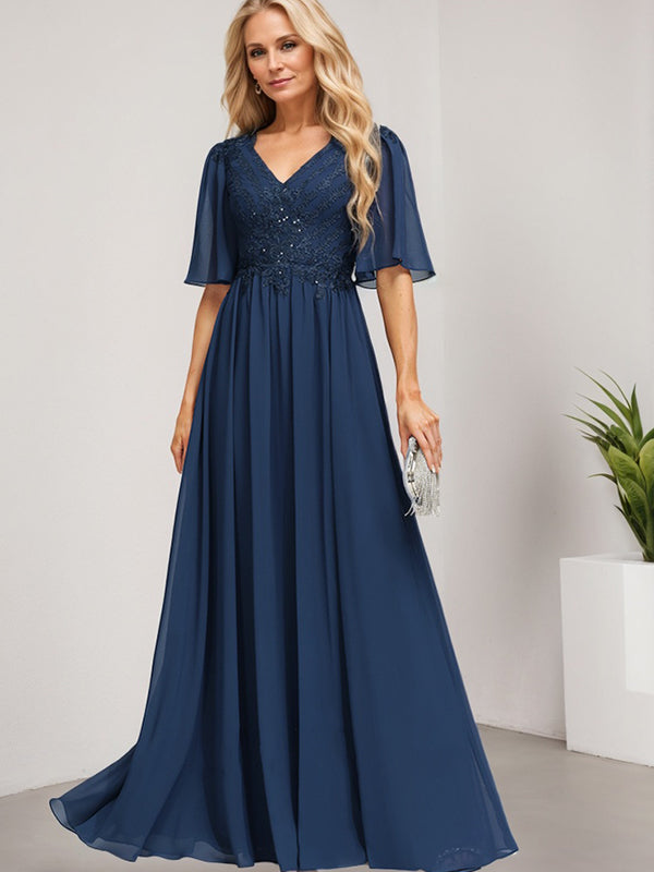 Vestido de madre de la novia de gasa con encaje, escote en V y lentejuelas, largo hasta el suelo