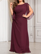 Vestido de gasa para madre de la novia con corte tubo/columna, escote redondo y largo hasta el suelo, con cuentas plisadas