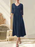 A-Linie V-Ausschnitt Wadenlanges Chiffon-Spitzenkleid für die Brautmutter mit Perlenbesatz