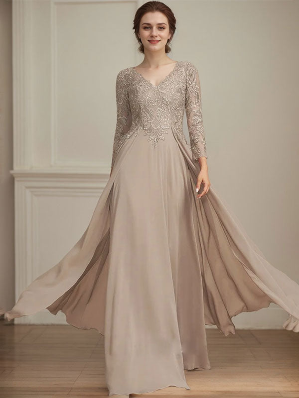 A-Linie V-Ausschnitt Bodenlanges Spitzen-Chiffon-Kleid für die Brautmutter mit Pailletten 