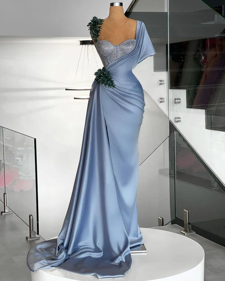 Hermoso vestido de noche de sirena con cuentas de satén azul, vestido de fiesta formal largo Y8520