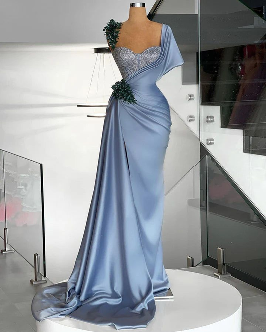 Hermoso vestido de noche de sirena con cuentas de satén azul, vestido de fiesta formal largo Y8520