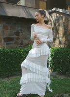 Vestido de noche elegante de gasa con encaje y volantes, vestido de novia blanco Y8082