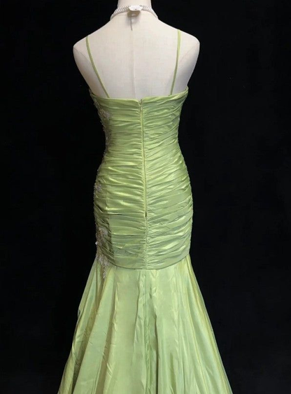 Vintage Green Mermaid Satin Beaded Sequin Evening Dress Spaghetti Strap Long Prom Dress Y8556