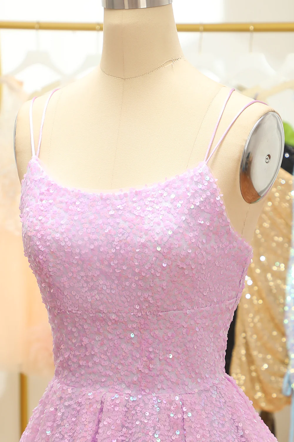 Vestido de fiesta con lentejuelas lilas, corte A y cordones, Y2994
