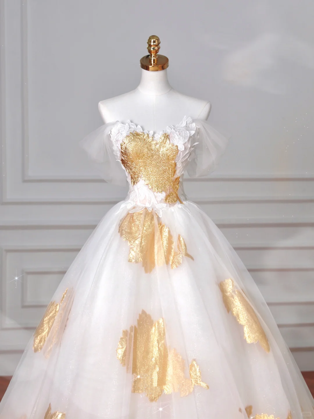 Gorgeous Gold Print Tulle Off The Shoulder Ball Gown A Line Prom Dress Evening Dress Y8618