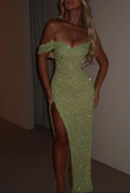 Glitzerndes, schulterfreies Ballkleid mit Schlitz und Pailletten in Salbeigrün, formelles Abendkleid Y7983