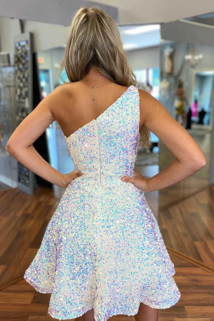 Vestido de fiesta de un solo hombro con lentejuelas y corte en A brillante Y1256