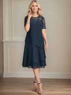 Vestido de gasa con encaje y lentejuelas para madre de la novia, corte A, escote ilusión, largo hasta la rodilla