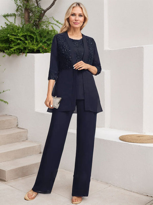 Jumpsuit/Hosenanzug Separates U-Ausschnitt Bodenlanges Chiffon-Spitzenkleid für die Brautmutter mit Pailletten