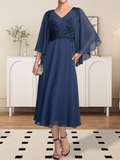 A-Linie V-Ausschnitt Wadenlanges Chiffon-Spitzenkleid für die Brautmutter mit Perlen und Pailletten