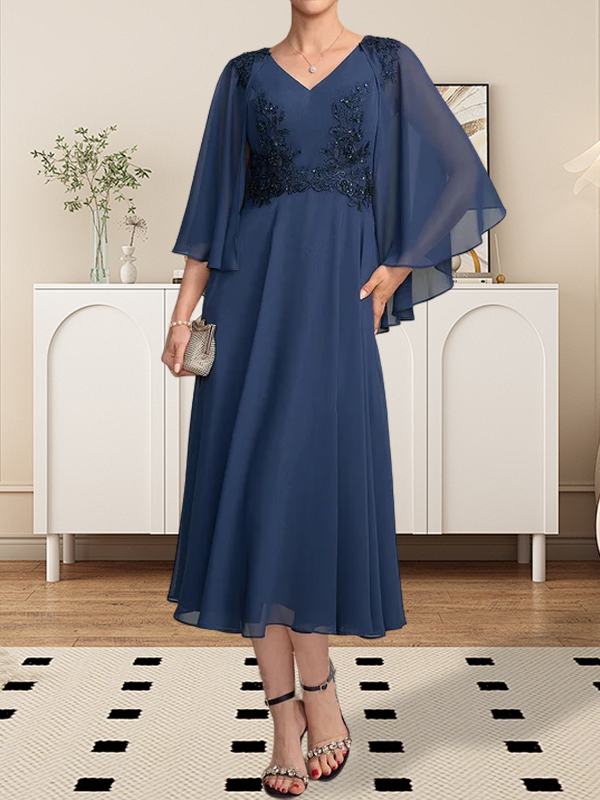 Vestido de gasa con encaje y escote en V para madre de la novia, largo hasta la rodilla, con lentejuelas y abalorios