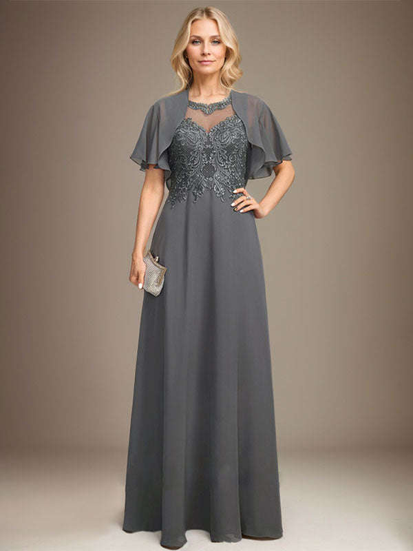 Vestido de gasa con encaje y lentejuelas para madre de la novia, corte A, escote ilusión, largo hasta el suelo