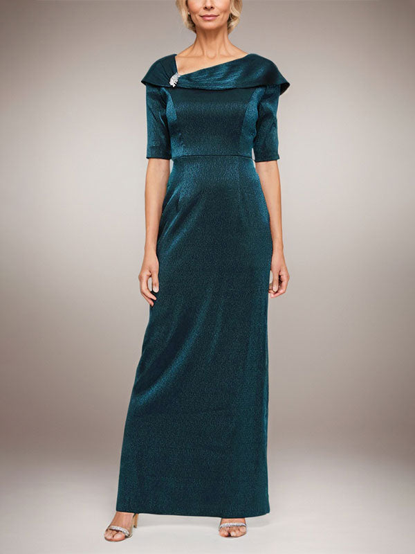 Vestido largo de columna brillante con puños doblados, escote en L y mangas hasta el codo