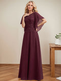 Vestido de gasa con encaje y lentejuelas para madre de la novia, corte A, escote ilusión, largo hasta el suelo