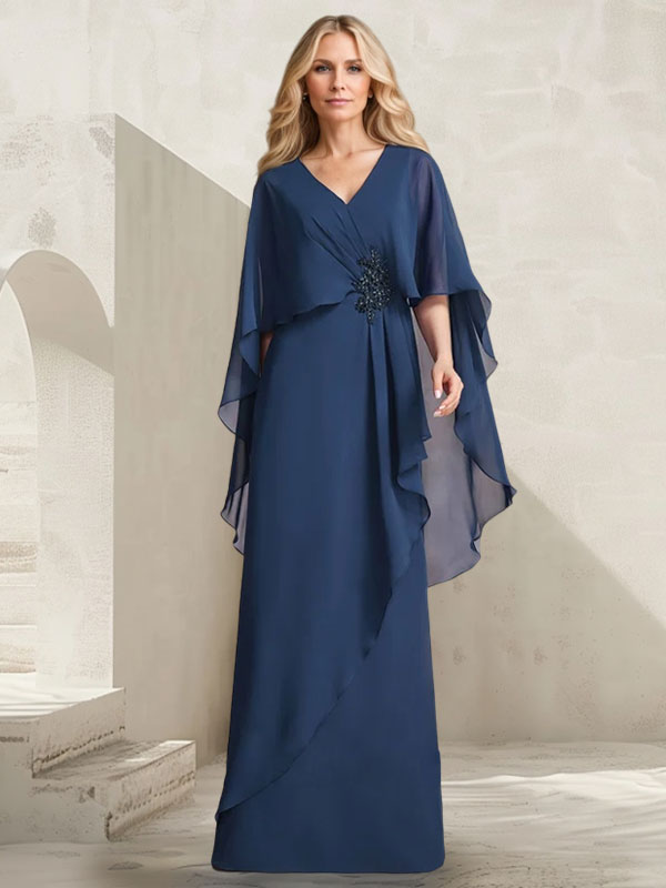 Vestido de gasa para madre de la novia con escote en V, corte A y largo hasta el suelo, con volantes en cascada y cuentas