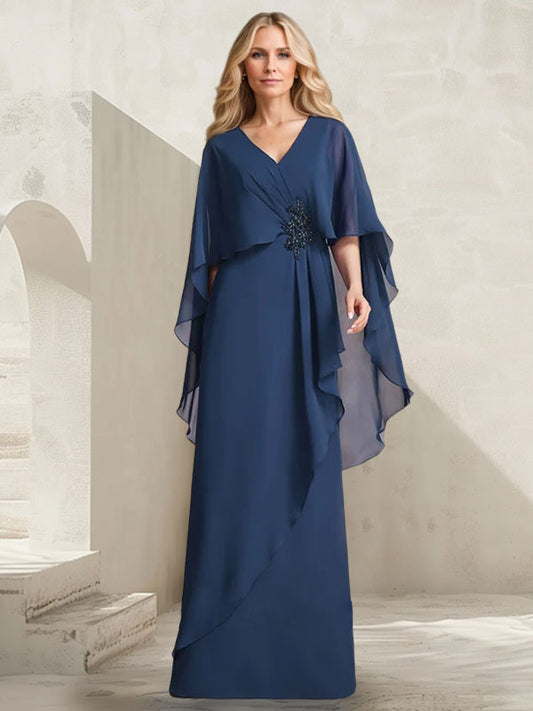 A-Linie V-Ausschnitt Bodenlanges Chiffonkleid für die Brautmutter mit kaskadierenden Rüschen und Perlenbesatz 