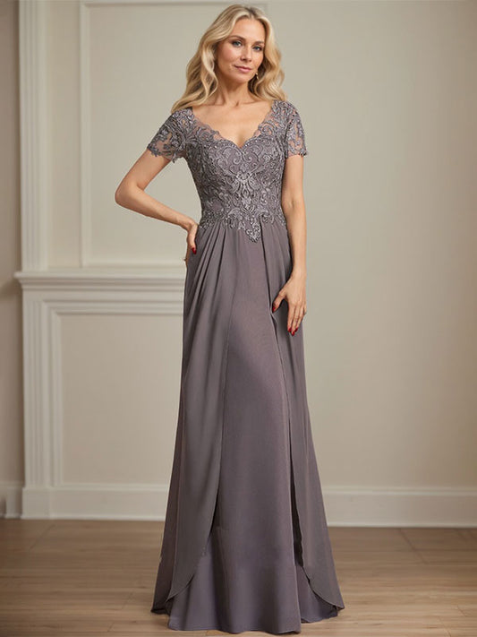 A-Linie V-Ausschnitt Bodenlanges Chiffon-Spitzenkleid für die Brautmutter