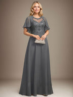 Vestido de gasa con encaje y lentejuelas para madre de la novia, corte A, escote ilusión, largo hasta el suelo