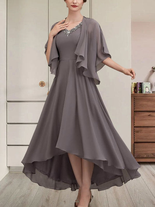 A-Linien-Kleid mit V-Ausschnitt, asymmetrischem Chiffon für die Brautmutter mit Perlen und Pailletten