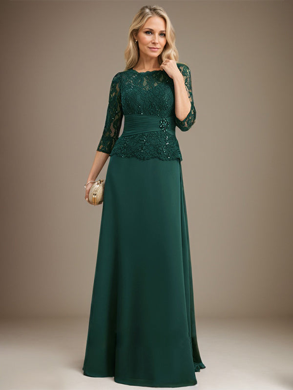 Vestido de gasa con encaje, corte A, ilusión, largo hasta el suelo, para madre de la novia, con lentejuelas plisadas y abalorios