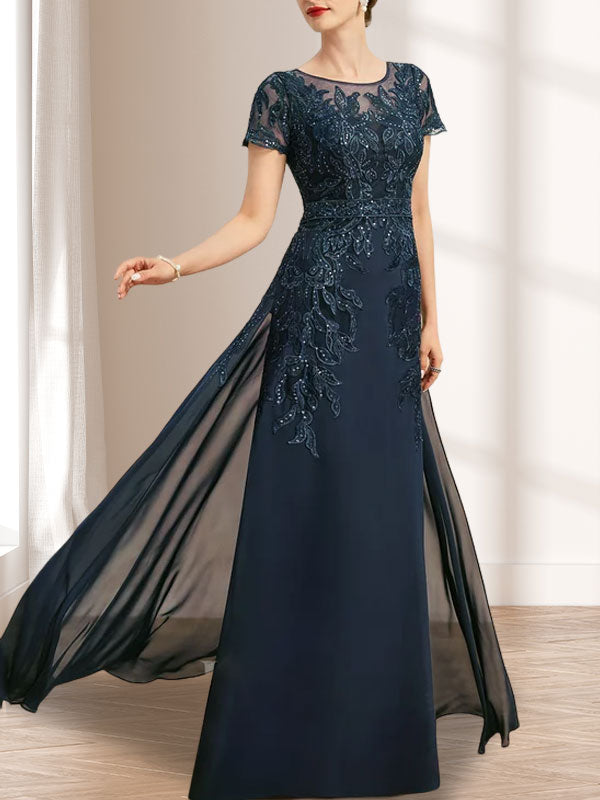 Vestido de madre de la novia de gasa con encaje, escote redondo, ilusión, largo hasta el suelo, con lentejuelas