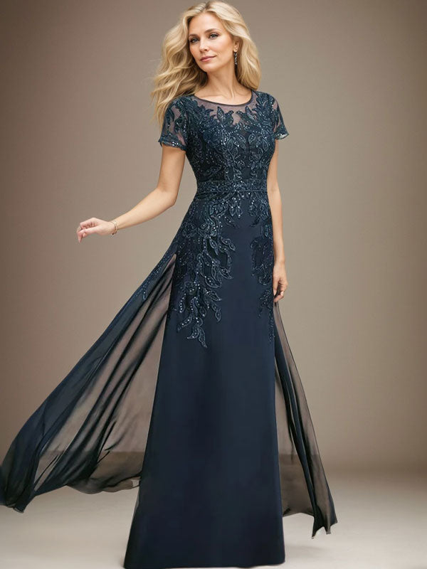 Vestido de madre de la novia de gasa con encaje, escote redondo, ilusión, largo hasta el suelo, con lentejuelas