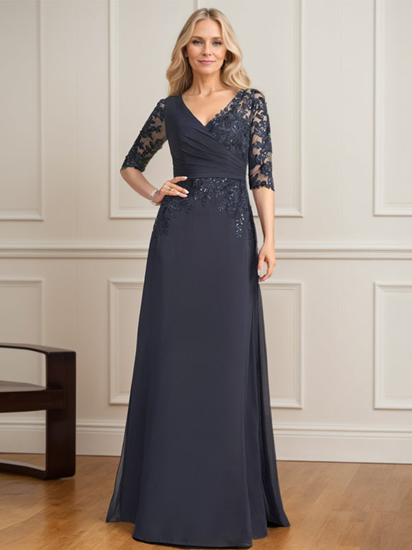 Vestido de madre de la novia de gasa con encaje, escote en V y lentejuelas plisadas hasta el suelo