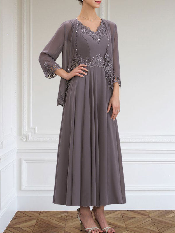 Vestido de gasa para madre de la novia, corte A, escote en V, largo hasta los tobillos, con apliques de lentejuelas, encaje y cuentas