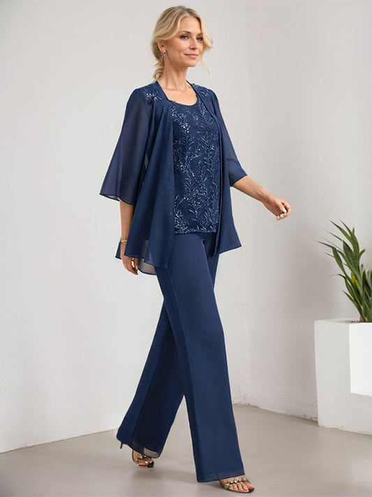 Separates Jumpsuit/Hosenanzug U-Ausschnitt Bodenlanges Spitzenchiffonkleid für die Brautmutter mit Pailletten