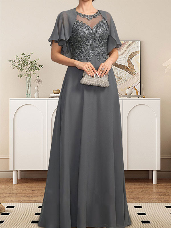 Vestido de gasa con encaje y lentejuelas para madre de la novia, corte A, escote ilusión, largo hasta el suelo