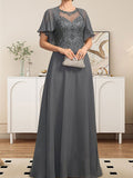 Vestido de gasa con encaje y lentejuelas para madre de la novia, corte A, escote ilusión, largo hasta el suelo