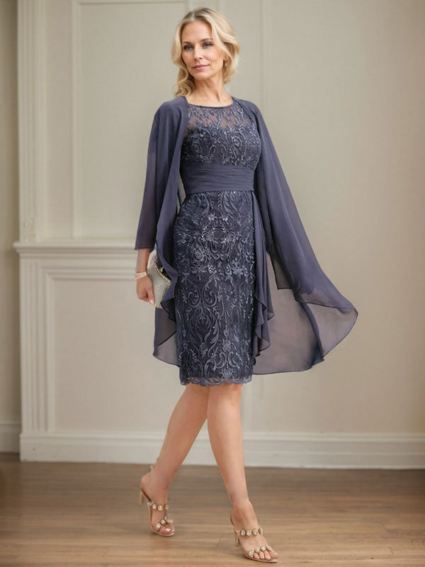 Vestido de madre de la novia de gasa con encaje, escote redondo, ilusión, largo hasta la rodilla, con volantes en cascada y lentejuelas