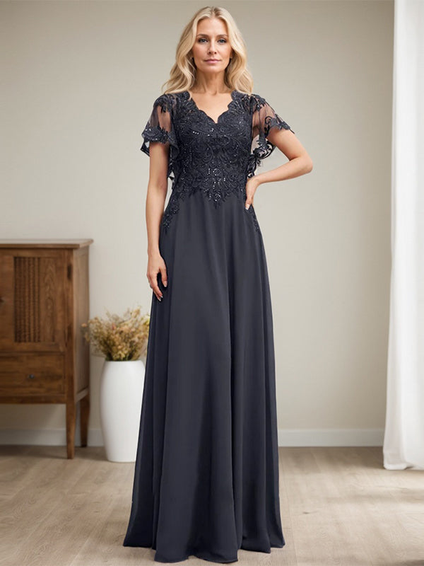 A-Linie V-Ausschnitt Bodenlanges Spitzenchiffonkleid für die Brautmutter mit Pailletten 