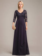 A-Linie V-Ausschnitt Bodenlanges Spitzen-Chiffon-Kleid für die Brautmutter mit kaskadierenden Rüschen und Pailletten 
