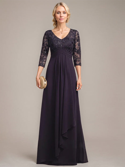 A-Linie V-Ausschnitt Bodenlanges Spitzen-Chiffon-Kleid für die Brautmutter mit kaskadierenden Rüschen und Pailletten 