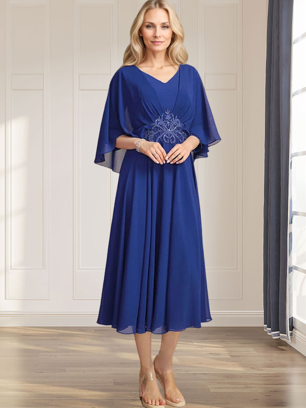 A-Linie V-Ausschnitt Wadenlanges Chiffonkleid für die Brautmutter mit plissierten Paillettenapplikationen Spitzenbesatz 