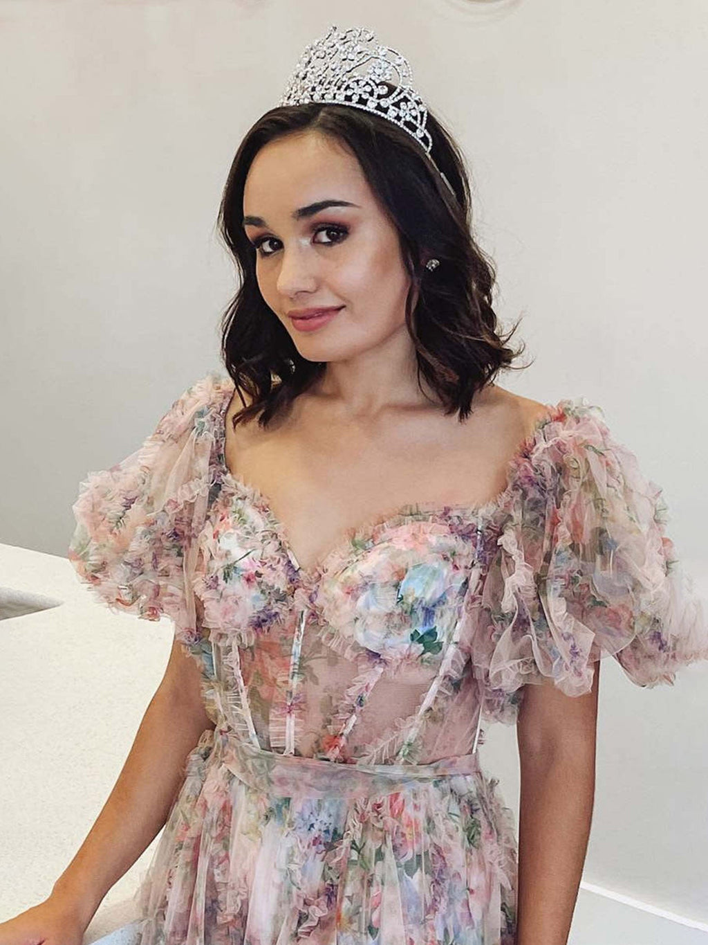 Sydney | Vestido de fiesta de tul floral con hombros descubiertos y corte en A