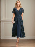 A-Linie V-Ausschnitt Wadenlanges Chiffon-Kleid für die Brautmutter 