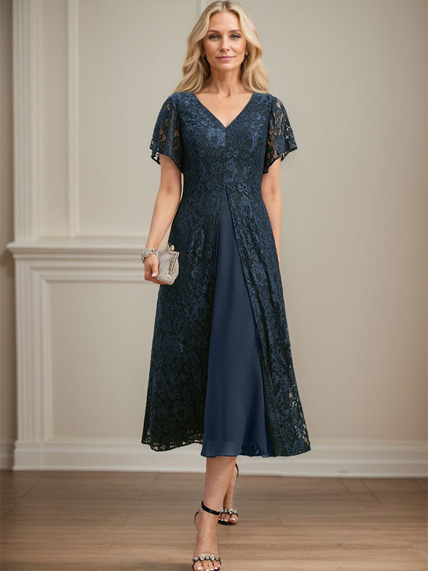 Vestido de gasa con encaje y escote en V para madre de la novia, largo hasta la rodilla