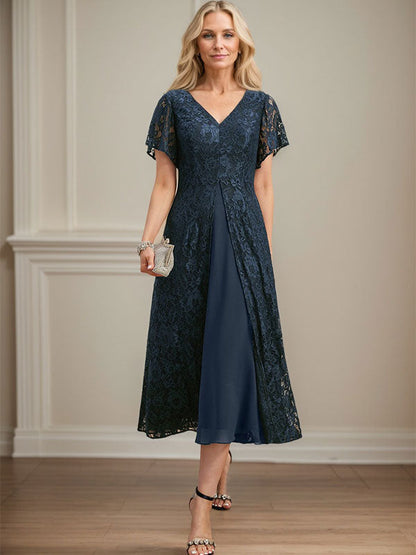 A-line V-Neck Tea-Length Lace Chiffon Mother of the Bride Dress