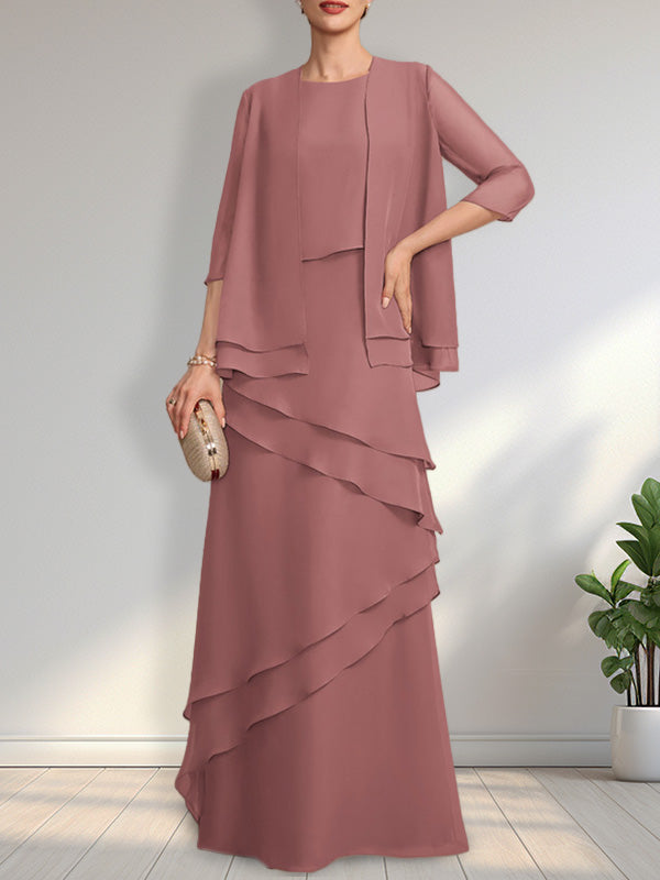 Vestido de gasa para madre de la novia con escote redondo y largo hasta el suelo