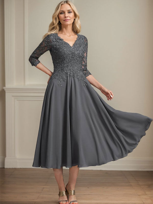 Vestido de gasa con encaje y escote en V para madre de la novia, largo hasta la rodilla, con lentejuelas y abalorios