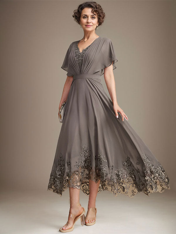 Vestido de madre de la novia de gasa con encaje asimétrico, escote en V y corte A con pliegues