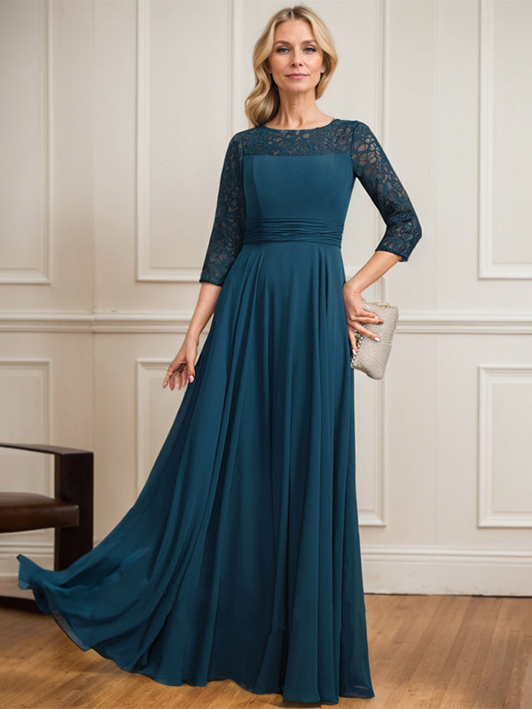Vestido de gasa de encaje con ilusión de corte A hasta el suelo para madre de la novia con pliegues
