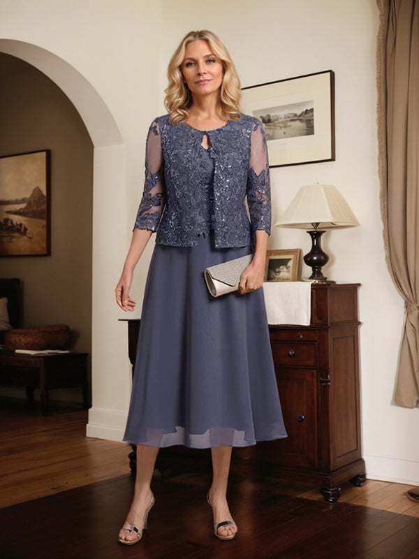 Vestido de gasa con encaje y lentejuelas para madre de la novia, corte A, escote redondo y largo hasta la rodilla