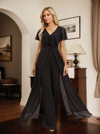 Vestido de noche de gasa con escote en V y largo hasta el suelo, tipo mono/pantalón