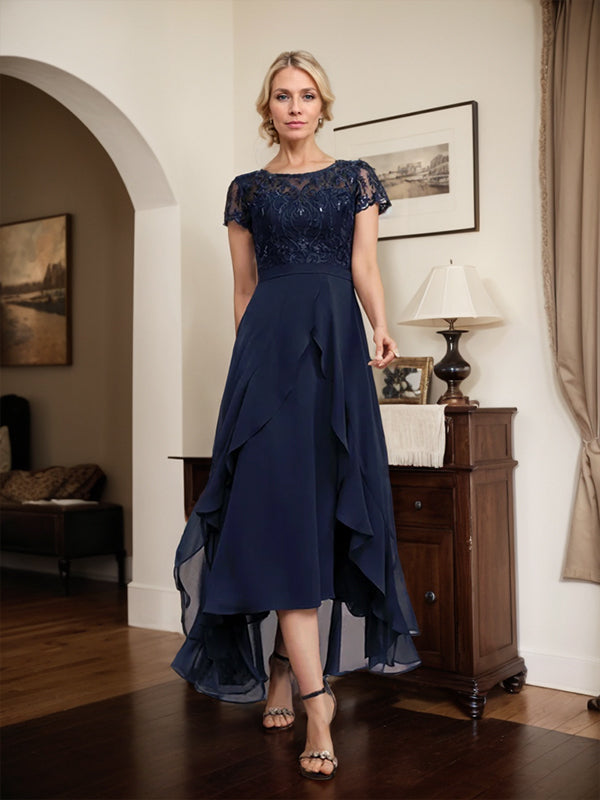 Vestido de madre de la novia de gasa asimétrica con escote en A, ilusión, encaje, lazo, volante y lentejuelas