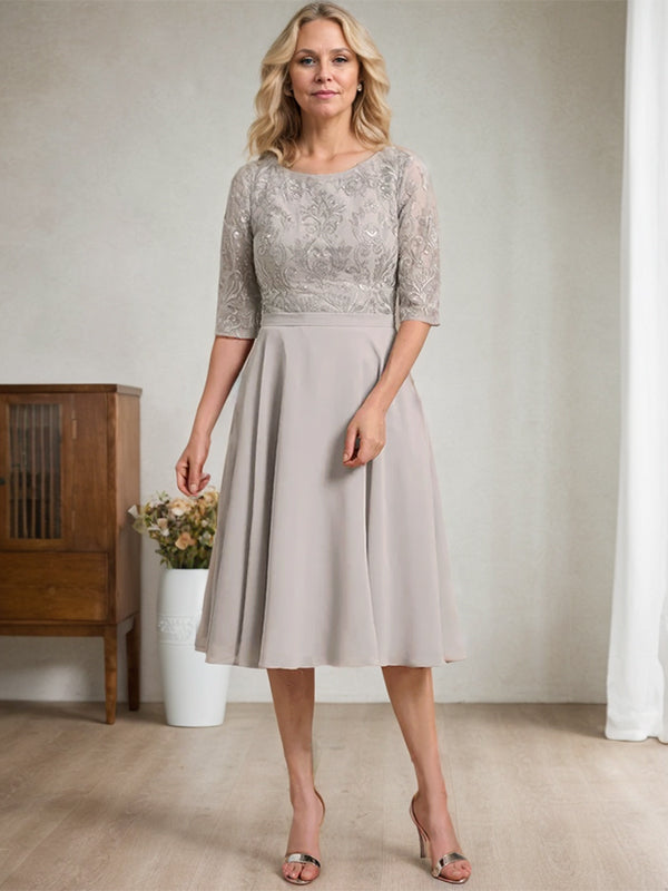 Vestido de gasa con encaje y escote redondo hasta la rodilla para madre de la novia